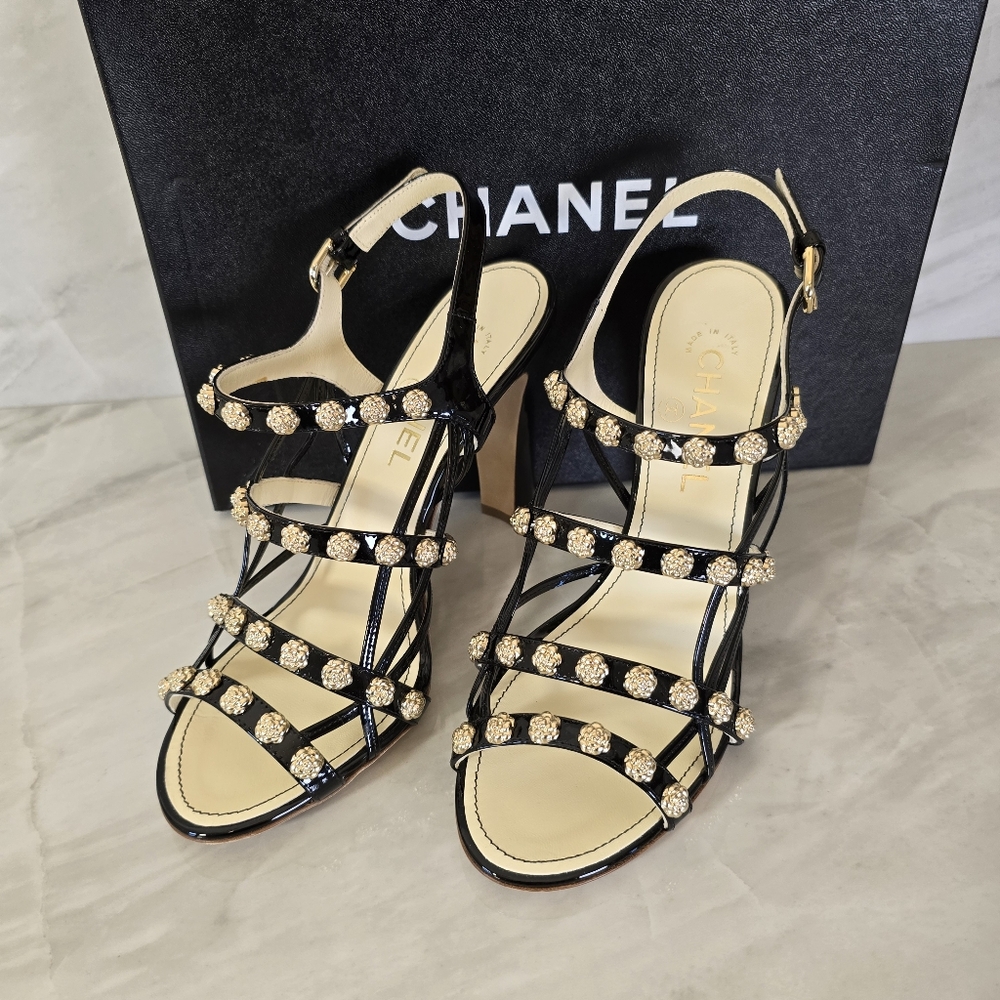 CHANEL Black and Gold Strappy Heels